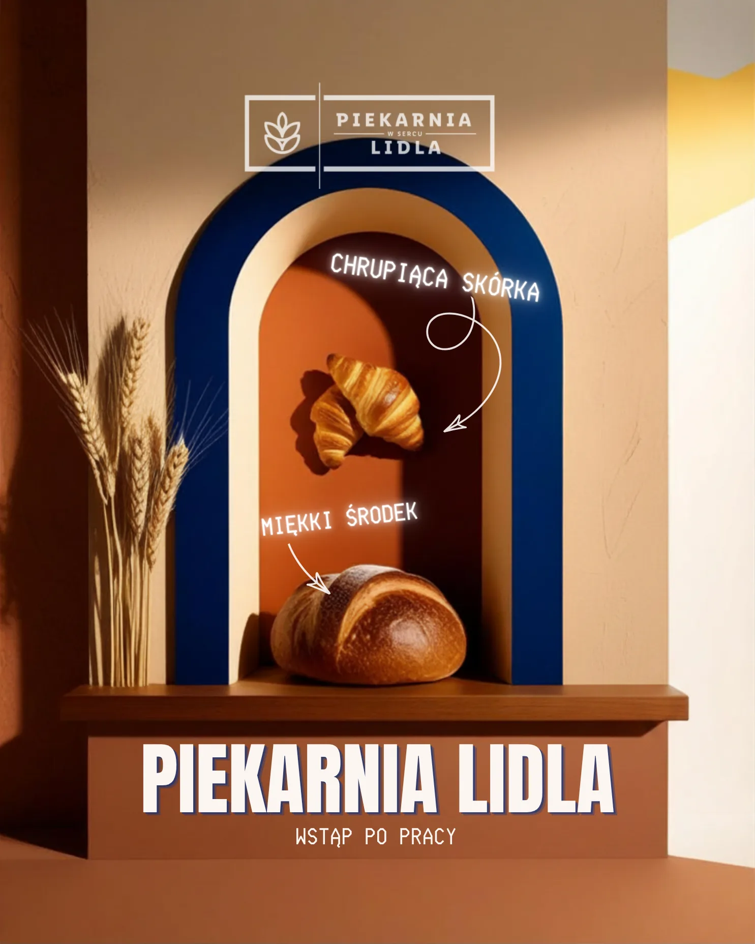 Reklama Piekarni Lidla: croissant i bochenek z podpisami „chrupiąca skórka” i „miękki środek”