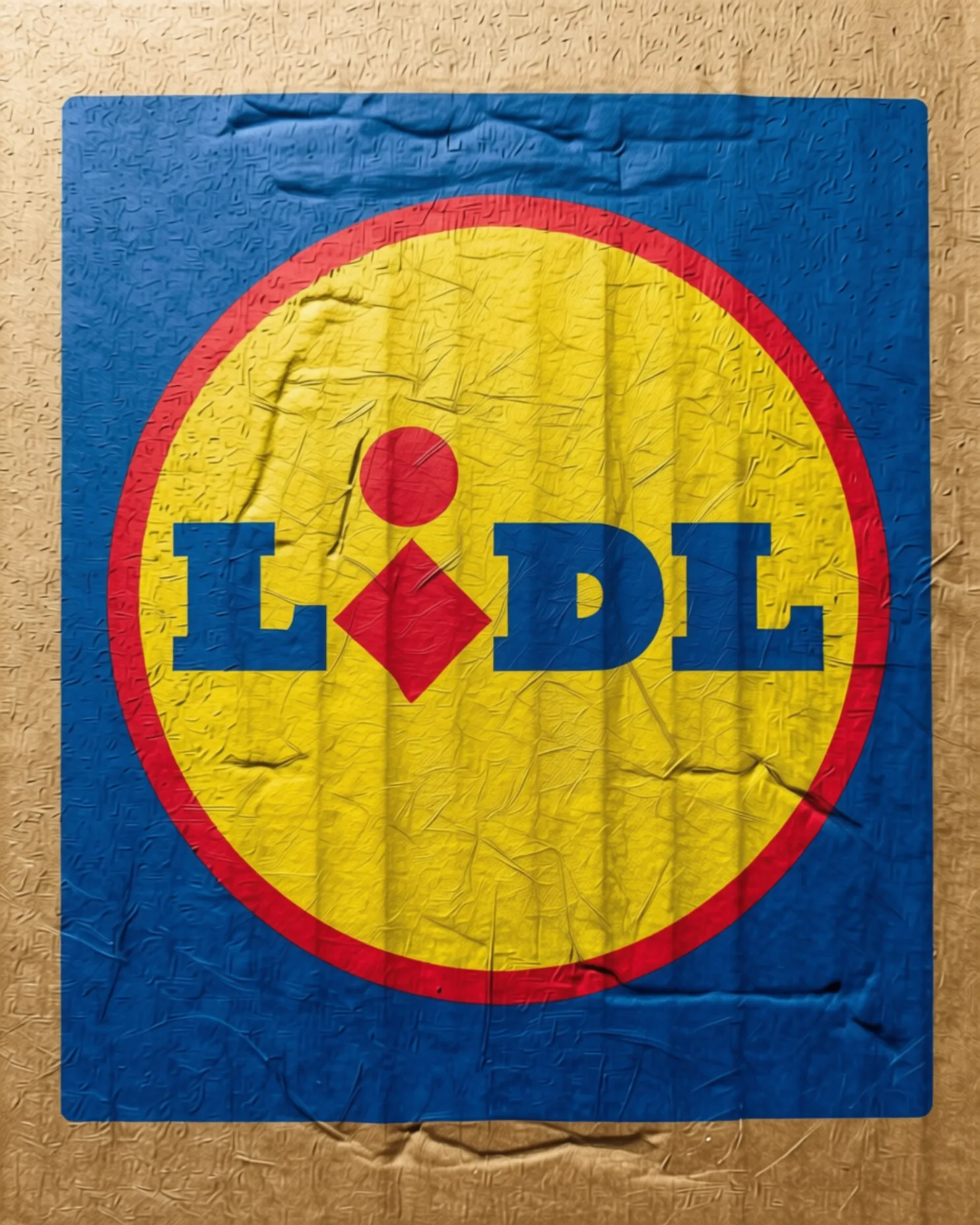 Logo Lidla na naklejonym, pofalowanym plakacie