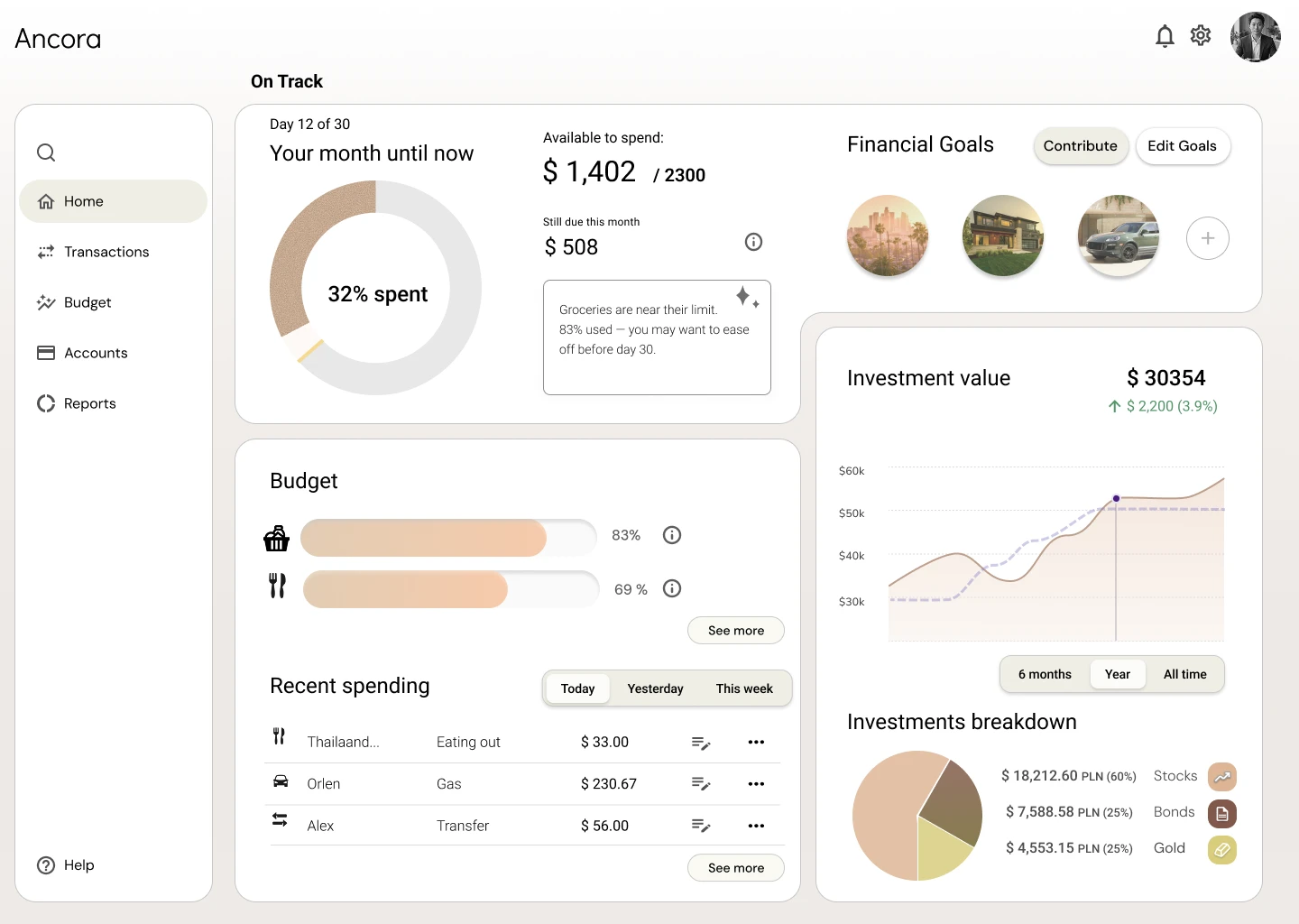 Ancora dashboard — home overview of financial health